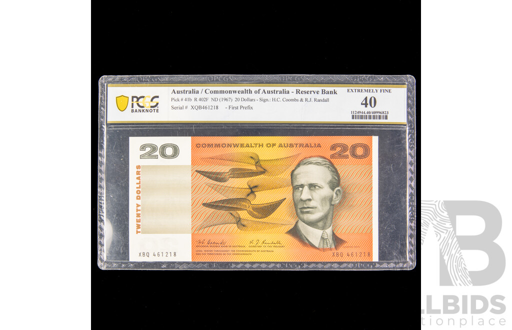 Australian 1967 twenty dollar note Coombs Randall . XBQ 461218 EF, R402F, first prefix.
