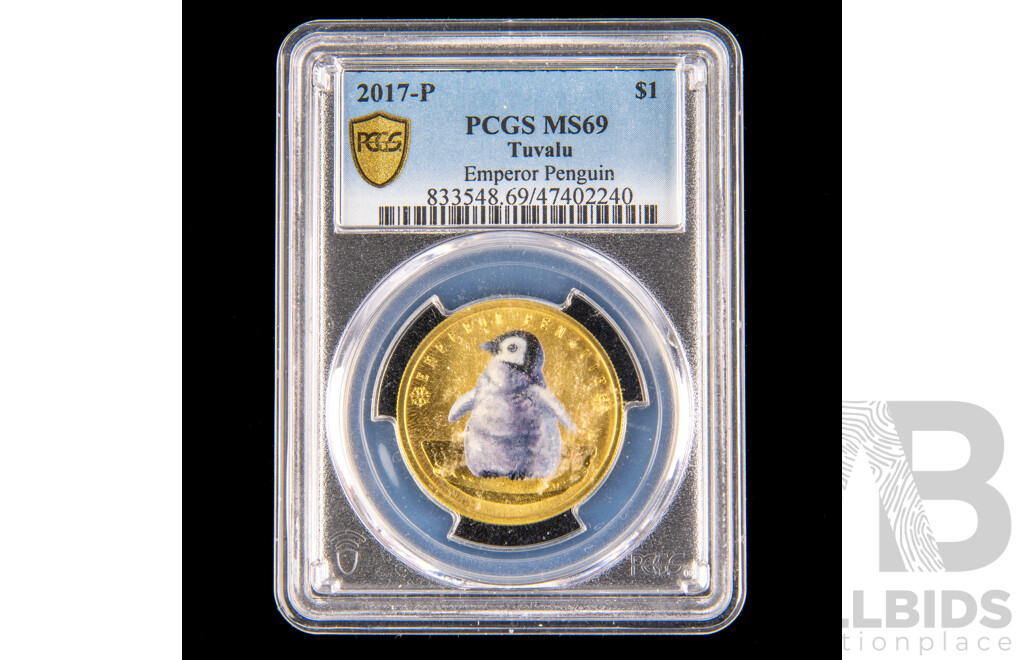 Tuvalu Perth Mint 2017 one dollar coloured coin. Emporer Penguin, Graded