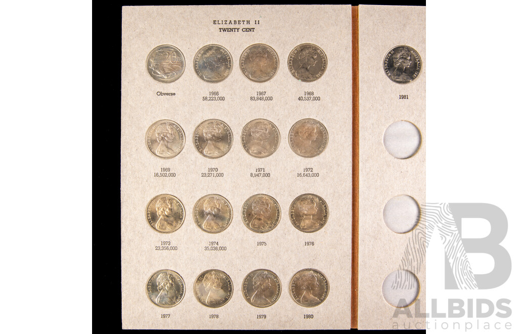 Australian 1966-1982 Twenty and Ffty cent coins, 18 of each in Dansco album.