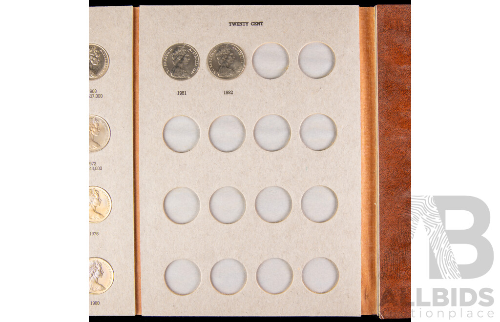 Australian 1966-1982 Twenty and Ffty cent coins, 18 of each in Dansco album.