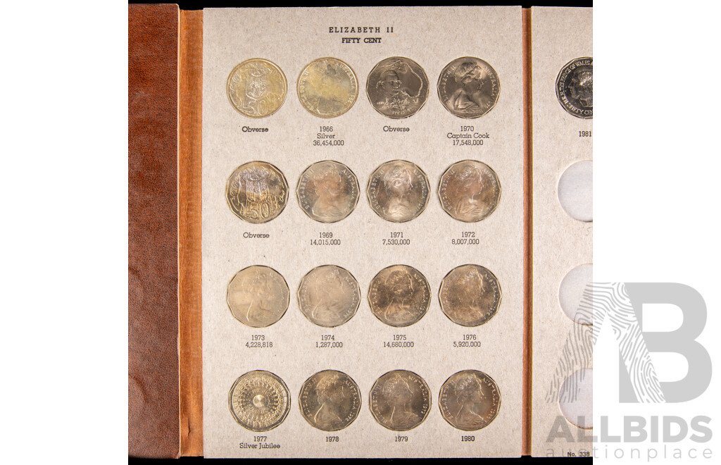 Australian 1966-1982 Twenty and Ffty cent coins, 18 of each in Dansco album.