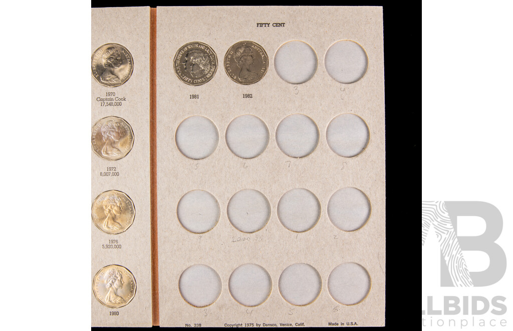 Australian 1966-1982 Twenty and Ffty cent coins, 18 of each in Dansco album.