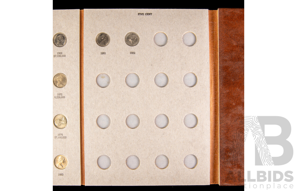 Australian 1966-1981 Five and Ten cent coins, 17 of each in Dansco album.