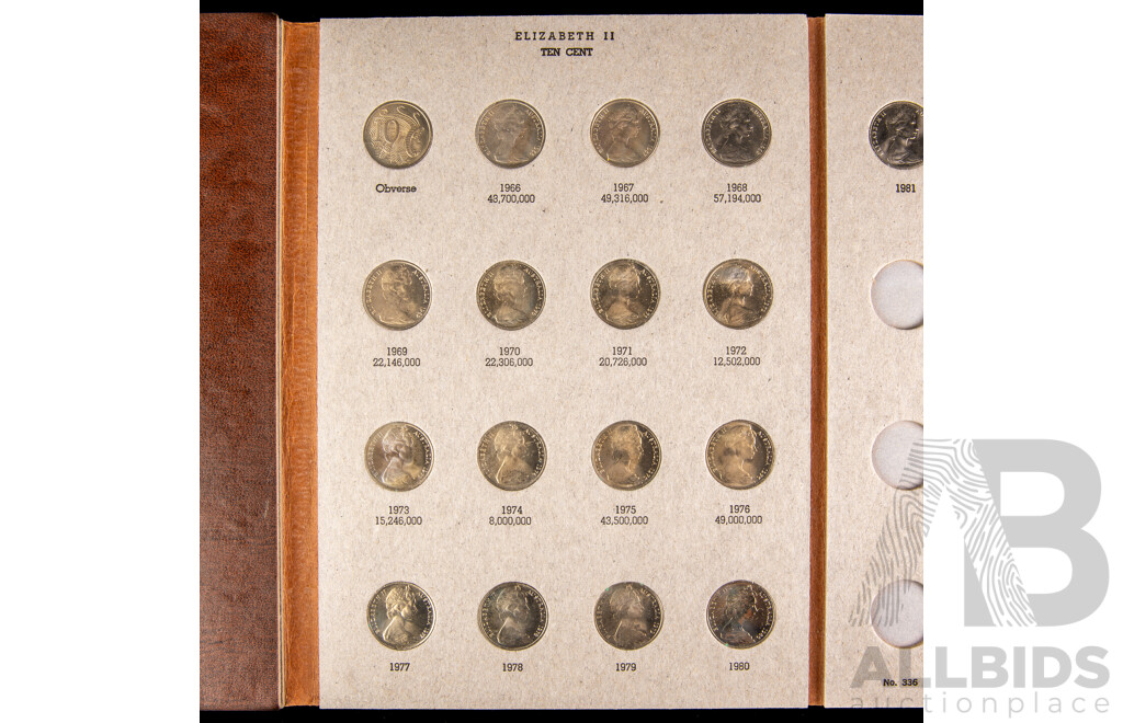 Australian 1966-1981 Five and Ten cent coins, 17 of each in Dansco album.