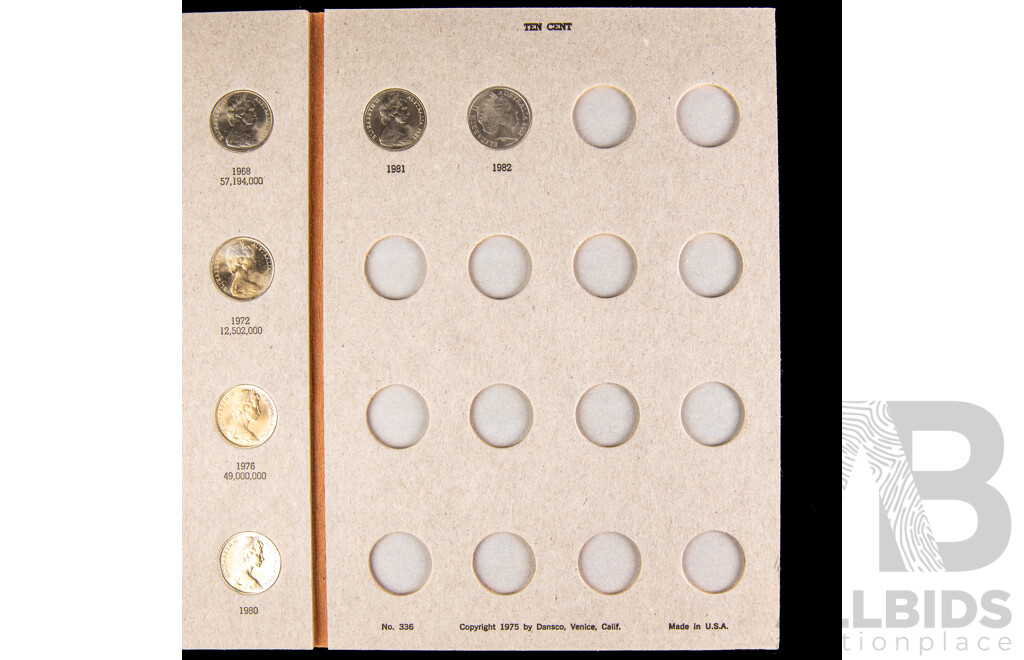 Australian 1966-1981 Five and Ten cent coins, 17 of each in Dansco album.