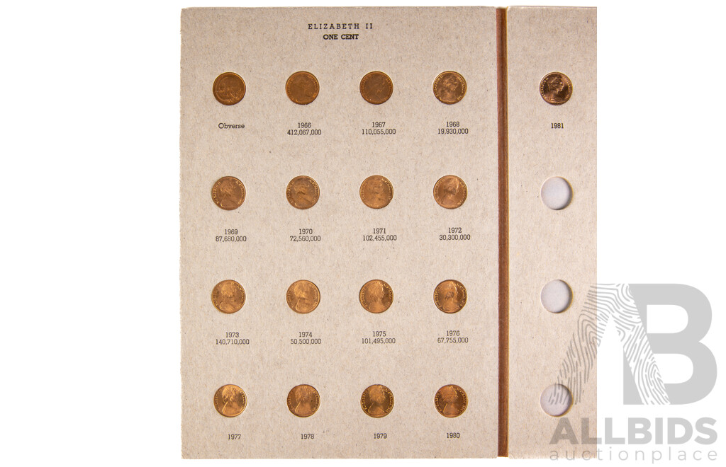 Australian 1966-1981 One and Two cent coins, 18 of each in Dansco album.