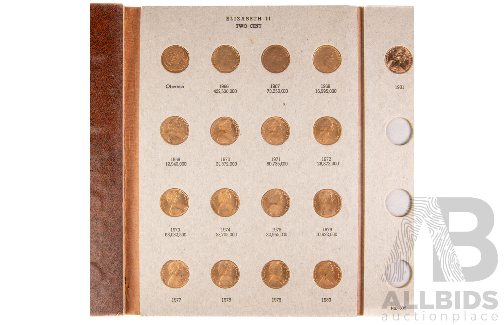 Australian 1966-1981 One and Two cent coins, 18 of each in Dansco album.