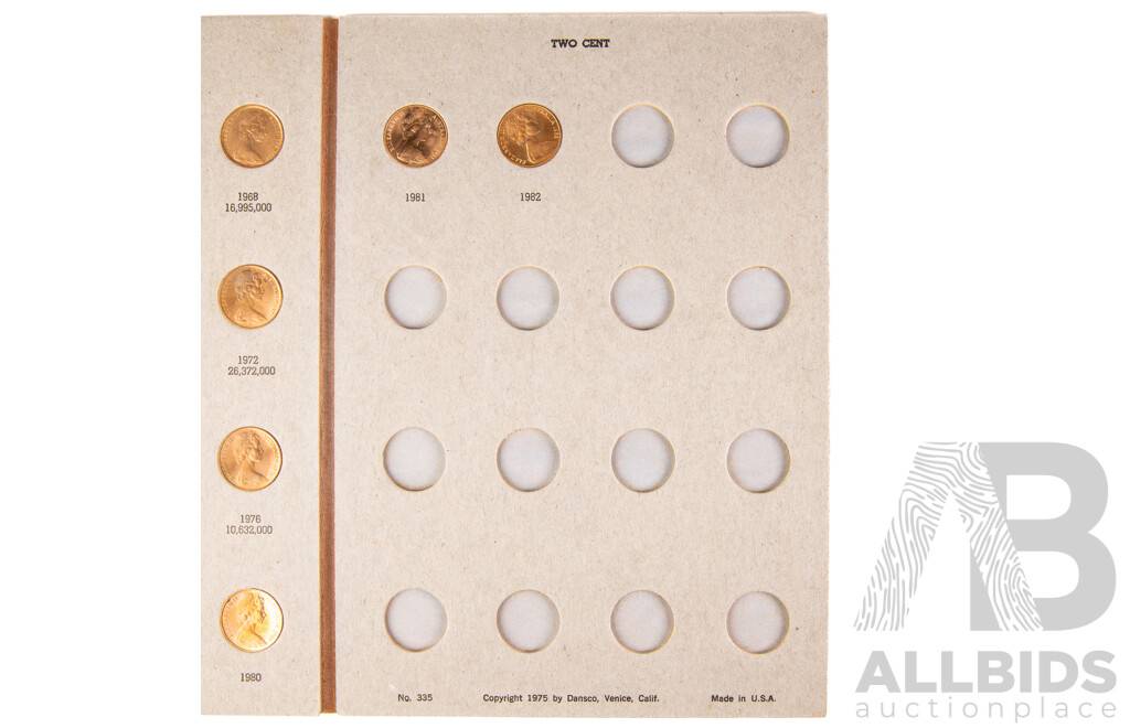 Australian 1966-1981 One and Two cent coins, 18 of each in Dansco album.