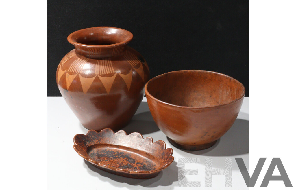 Three Pieces South East Asian Vintage Pottery Including Vase and Bowl