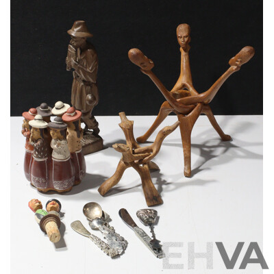 Collection Vintage Souvenir Ware Including Peruvian Pottery Women Singing Whistle, Carved Ecuadorian Man with Pan Pipes Statue, Asian Silver Plate Flatwear and More