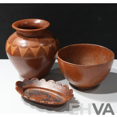 Three Pieces South East Asian Vintage Pottery Including Vase and Bowl