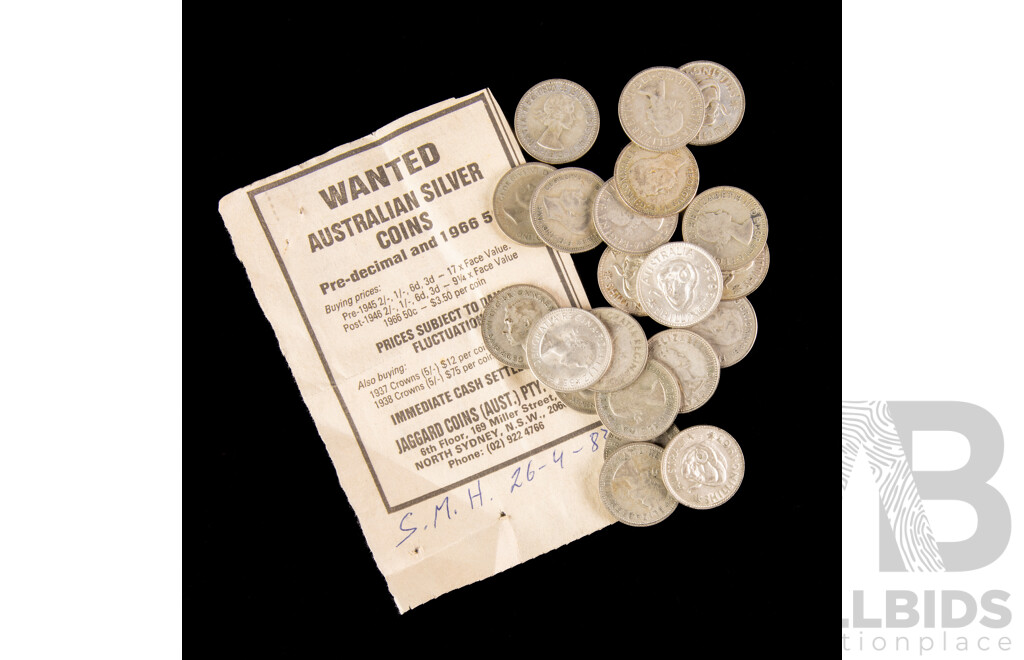 Twenty One Australian KGVI/QE2 Silver Shillings, Examples Spanning 1946 to 1963  .500 Silver