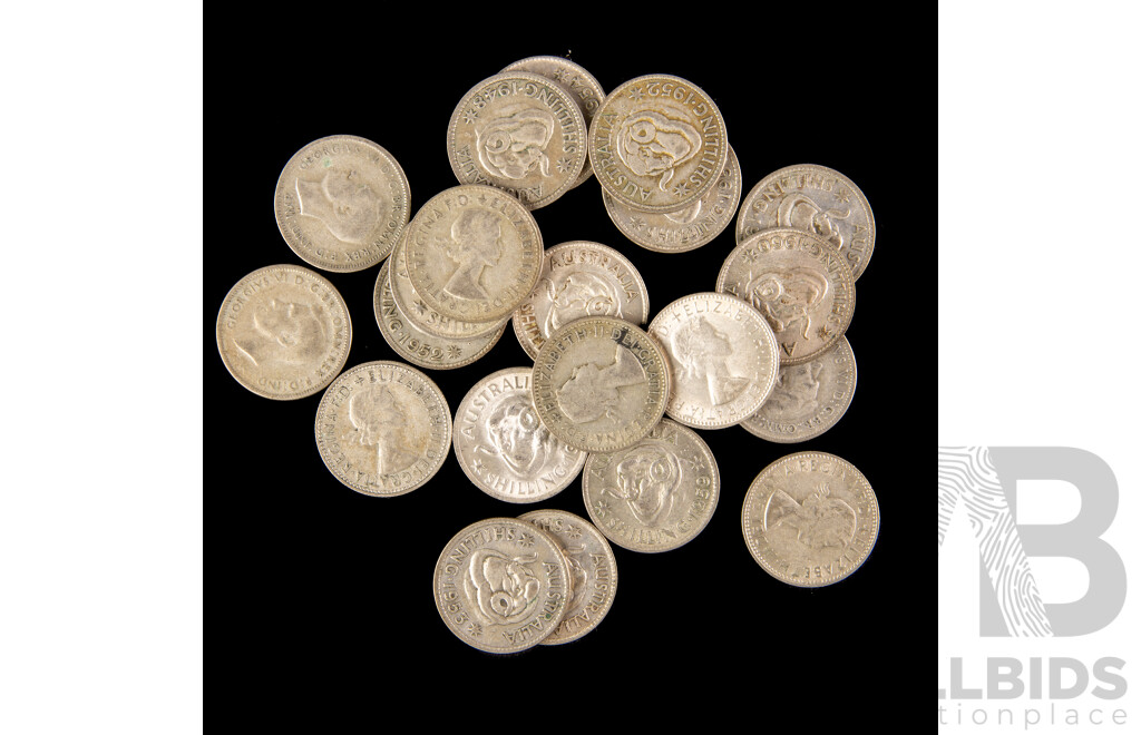 Twenty One Australian KGVI/QE2 Silver Shillings, Examples Spanning 1946 to 1963  .500 Silver