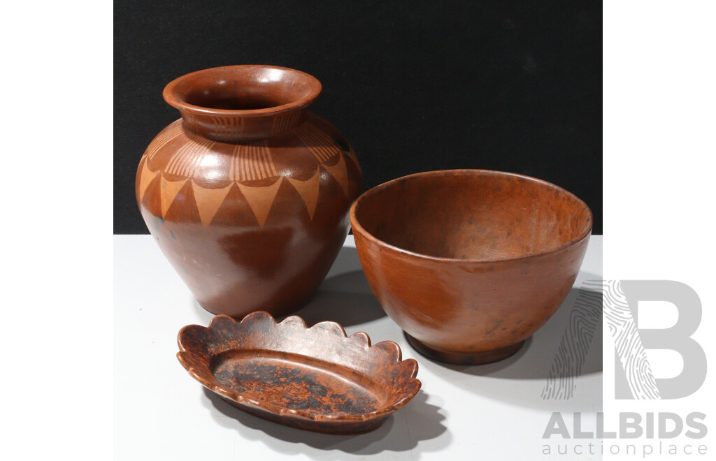 Three Pieces South East Asian Vintage Pottery Including Vase and Bowl