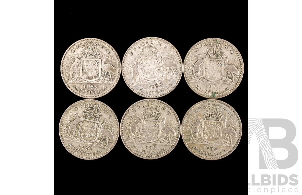 Six Australian KGVI/QE2 Silver Florins Including 1951, 1952, 1953, 1954, 1956, 1957  .500