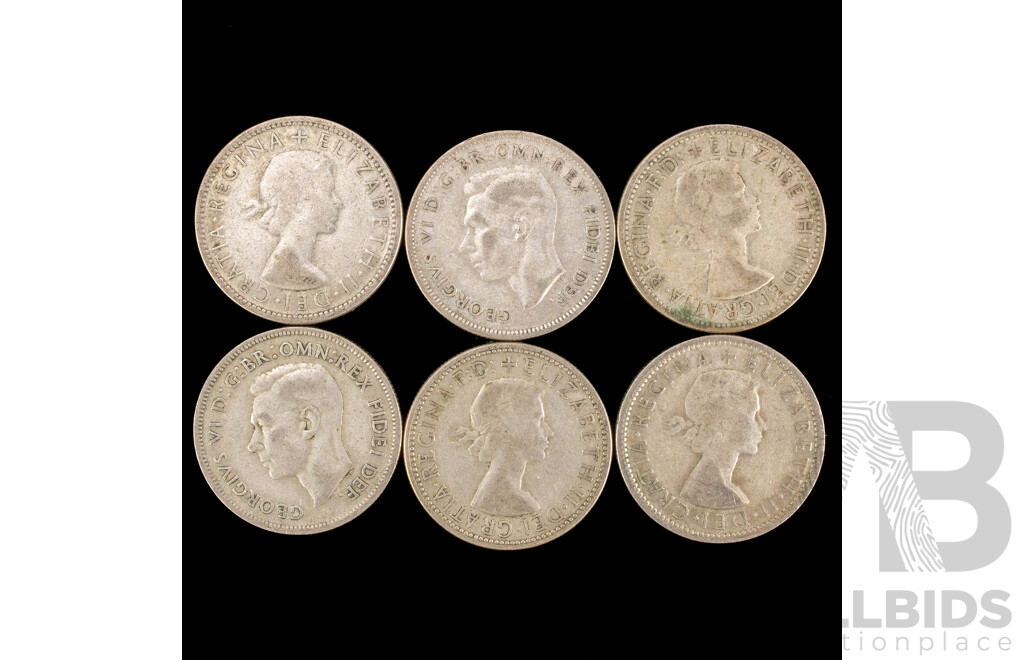 Six Australian KGVI/QE2 Silver Florins Including 1951, 1952, 1953, 1954, 1956, 1957  .500
