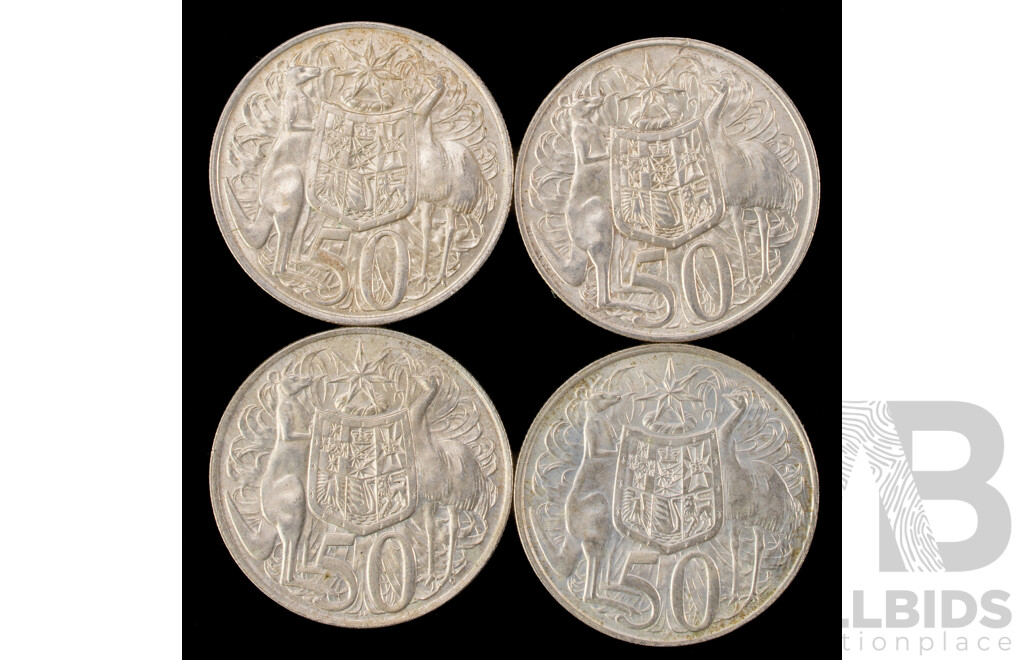 Four Australian 1966 Round Silver Fifty Cent Coins .800
