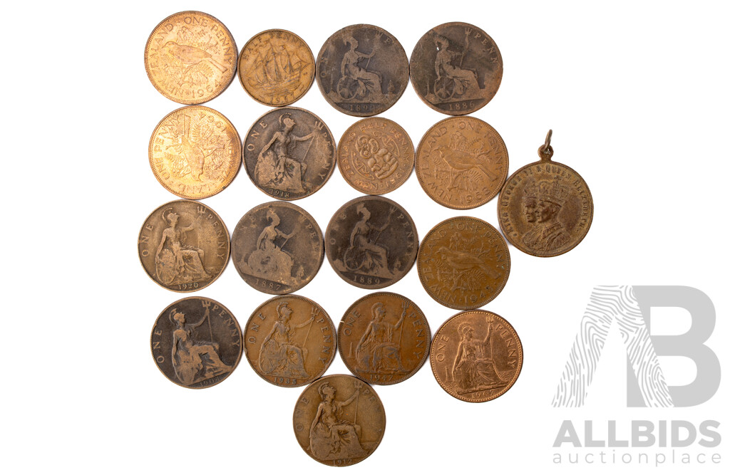 Collection of United Kingdom Pennies Including 1886, 1887, 1889, 1892, 1904, 1912, 1918, 1920, 1935, 1947, 1967 with Australian 1937 KGVI Coronation Pendant, Four New Zealand Pennies