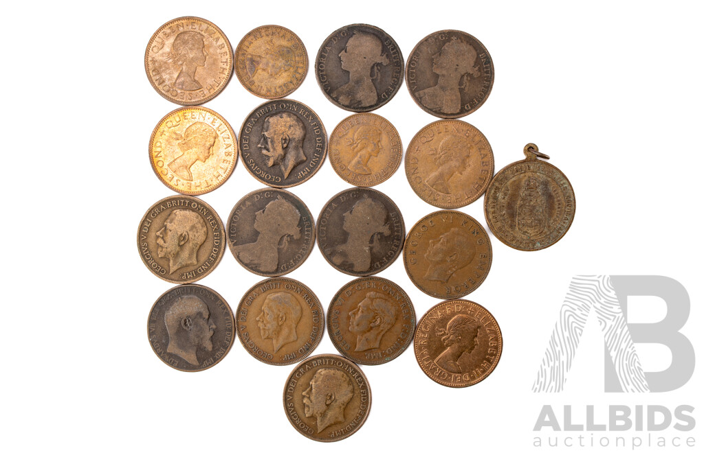 Collection of United Kingdom Pennies Including 1886, 1887, 1889, 1892, 1904, 1912, 1918, 1920, 1935, 1947, 1967 with Australian 1937 KGVI Coronation Pendant, Four New Zealand Pennies