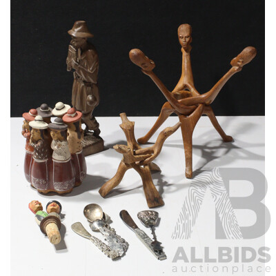 Collection Vintage Souvenir Ware Including Peruvian Pottery Women Singing Whistle, Carved Ecuadorian Man with Pan Pipes Statue, Asian Silver Plate Flatwear and More