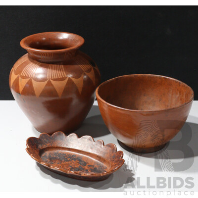 Three Pieces South East Asian Vintage Pottery Including Vase and Bowl
