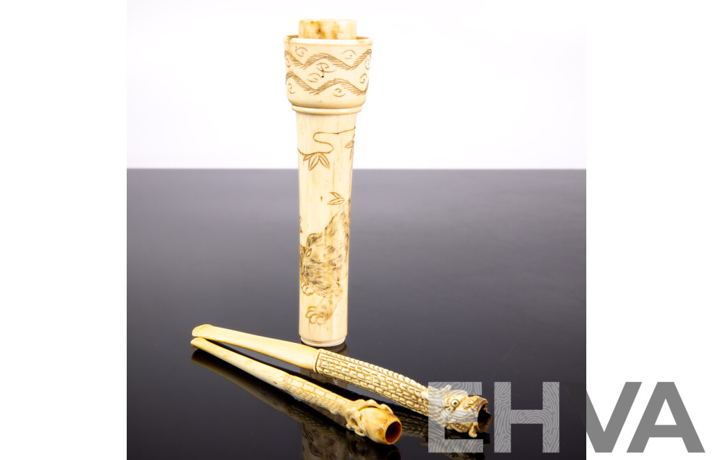 Two Vintage Chinese Carved Ivory Cigarette Holders Along with Bone Parasol Handle with Engraved Cat Detail