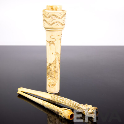 Two Vintage Chinese Carved Ivory Cigarette Holders Along with Bone Parasol Handle with Engraved Cat Detail