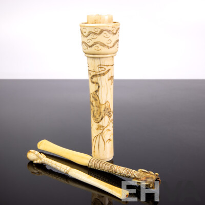 Two Vintage Chinese Carved Ivory Cigarette Holders Along with Bone Parasol Handle with Engraved Cat Detail