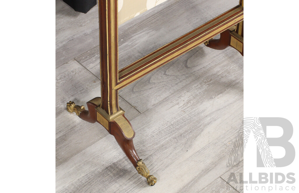 Small French Walnut Spark Screen with Brass Feet