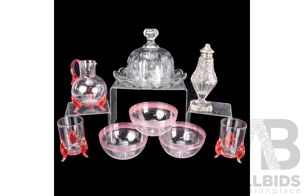 Vintage Three Piece Cranberry Glass Set, Set Three Glass Bowls with Cranberry Glass Threaded Edges, Cut Glass Shaker with Sterling Silver Top & Crystal Cheese Bell with Underplate
