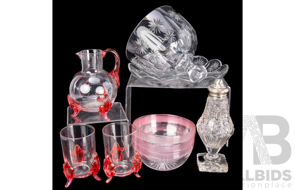 Vintage Three Piece Cranberry Glass Set, Set Three Glass Bowls with Cranberry Glass Threaded Edges, Cut Glass Shaker with Sterling Silver Top & Crystal Cheese Bell with Underplate