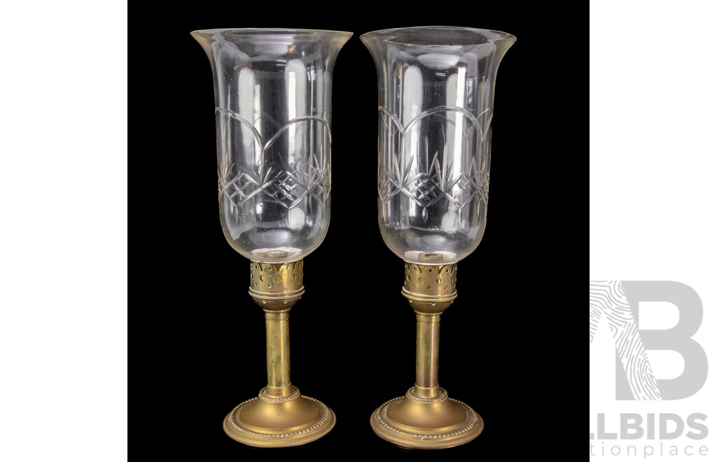 Pair Vintage Brass Based Candle Holders with Cut Crystal Covers