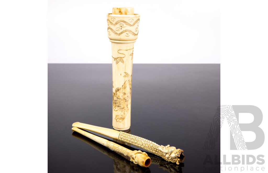 Two Vintage Chinese Carved Ivory Cigarette Holders Along with Bone Parasol Handle with Engraved Cat Detail