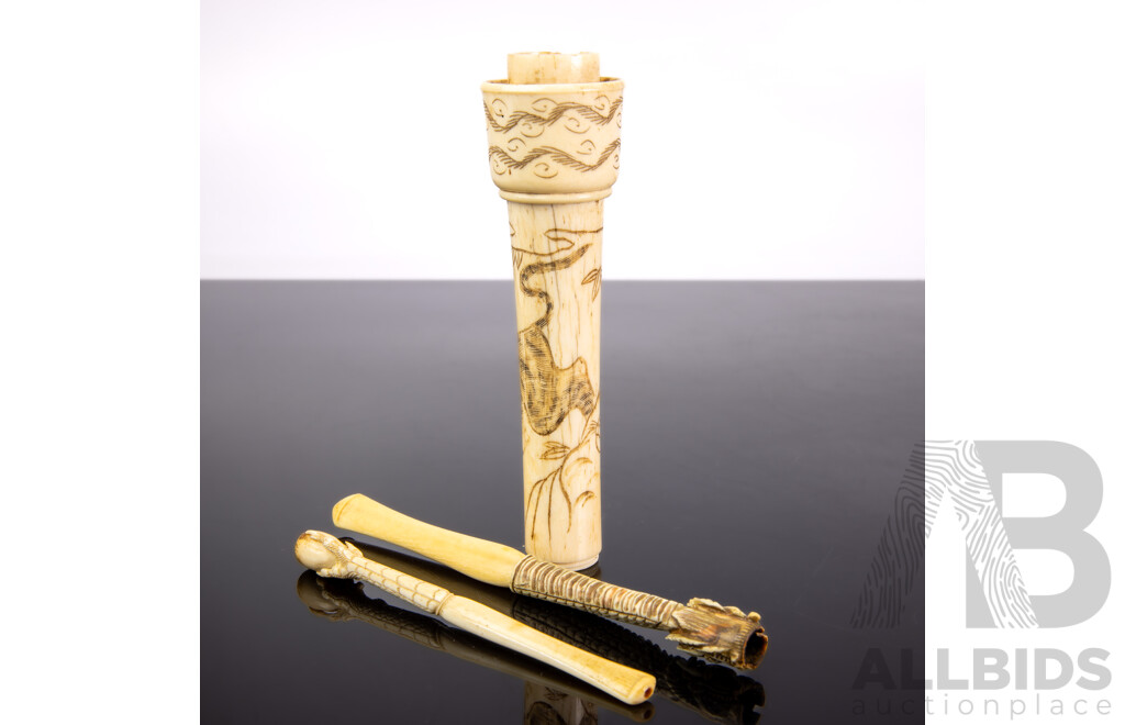 Two Vintage Chinese Carved Ivory Cigarette Holders Along with Bone Parasol Handle with Engraved Cat Detail