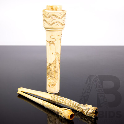 Two Vintage Chinese Carved Ivory Cigarette Holders Along with Bone Parasol Handle with Engraved Cat Detail