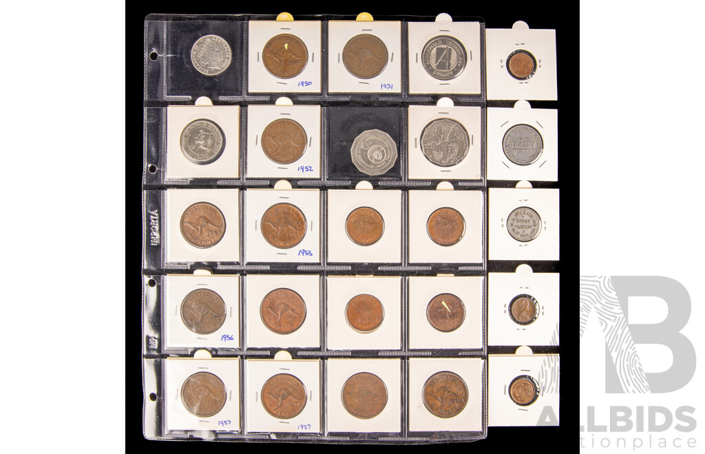 Collection of Australian Coins and Tokens Including 2016 Fifty Cent, Fifty Years Decimal Currency, QE2 Pennies and Half Pennies, West Maitland and Broken Hill Bread Loaf Token