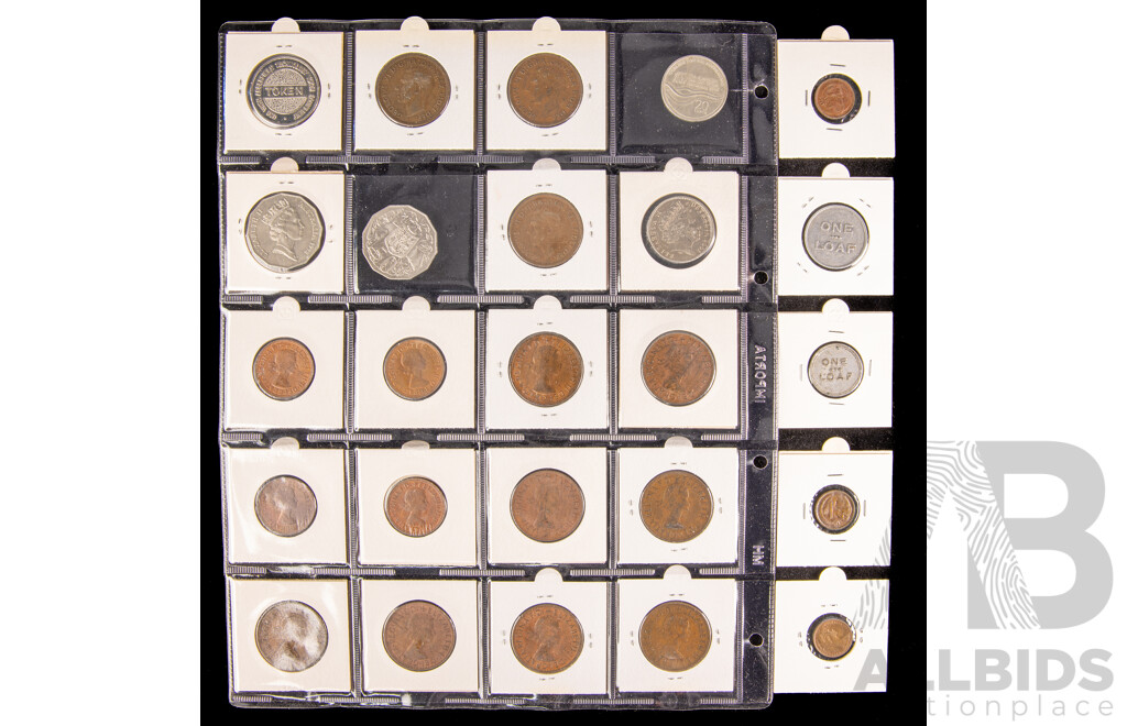 Collection of Australian Coins and Tokens Including 2016 Fifty Cent, Fifty Years Decimal Currency, QE2 Pennies and Half Pennies, West Maitland and Broken Hill Bread Loaf Token