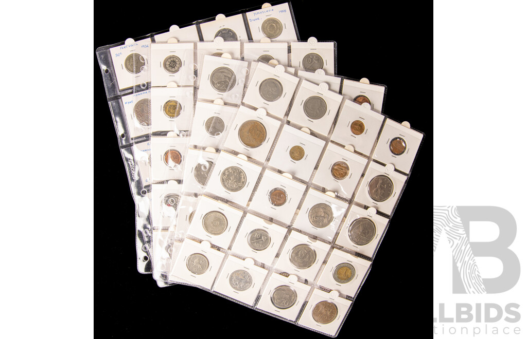 Collection of International Coins in 2X2 Holders Including Canada Coloured 2012 Twenty Five Cents, Myanmar, Rhodesia, Portugal, Rwanda, Indonesia, USA, Fiji, India, Hong Kong and More