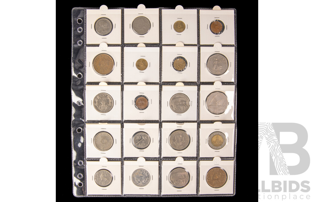 Collection of International Coins in 2X2 Holders Including Canada Coloured 2012 Twenty Five Cents, Myanmar, Rhodesia, Portugal, Rwanda, Indonesia, USA, Fiji, India, Hong Kong and More