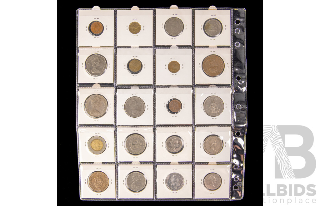 Collection of International Coins in 2X2 Holders Including Canada Coloured 2012 Twenty Five Cents, Myanmar, Rhodesia, Portugal, Rwanda, Indonesia, USA, Fiji, India, Hong Kong and More