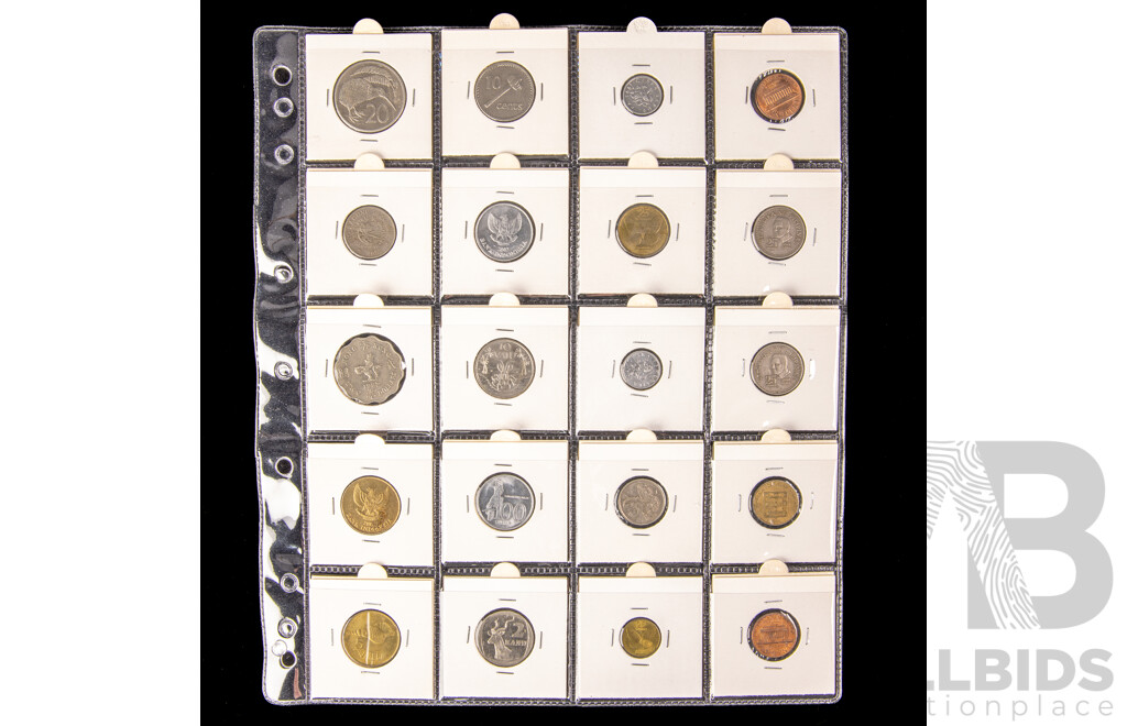 Collection of International Coins in 2X2 Holders Including Canada Coloured 2012 Twenty Five Cents, Myanmar, Rhodesia, Portugal, Rwanda, Indonesia, USA, Fiji, India, Hong Kong and More