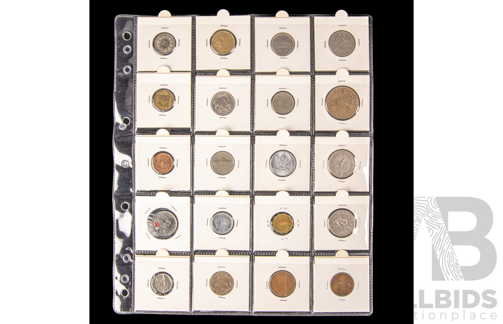 Collection of International Coins in 2X2 Holders Including Canada Coloured 2012 Twenty Five Cents, Myanmar, Rhodesia, Portugal, Rwanda, Indonesia, USA, Fiji, India, Hong Kong and More