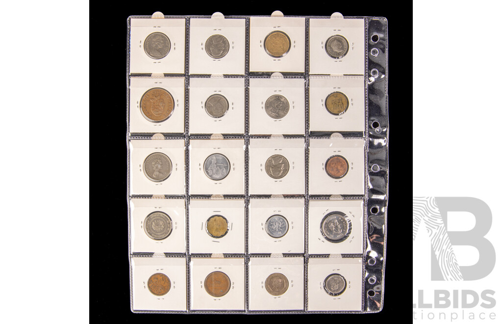 Collection of International Coins in 2X2 Holders Including Canada Coloured 2012 Twenty Five Cents, Myanmar, Rhodesia, Portugal, Rwanda, Indonesia, USA, Fiji, India, Hong Kong and More