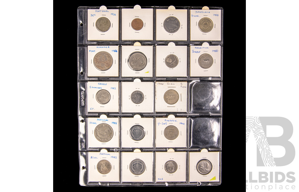 Collection of International Coins in 2X2 Holders Including Canada Coloured 2012 Twenty Five Cents, Myanmar, Rhodesia, Portugal, Rwanda, Indonesia, USA, Fiji, India, Hong Kong and More