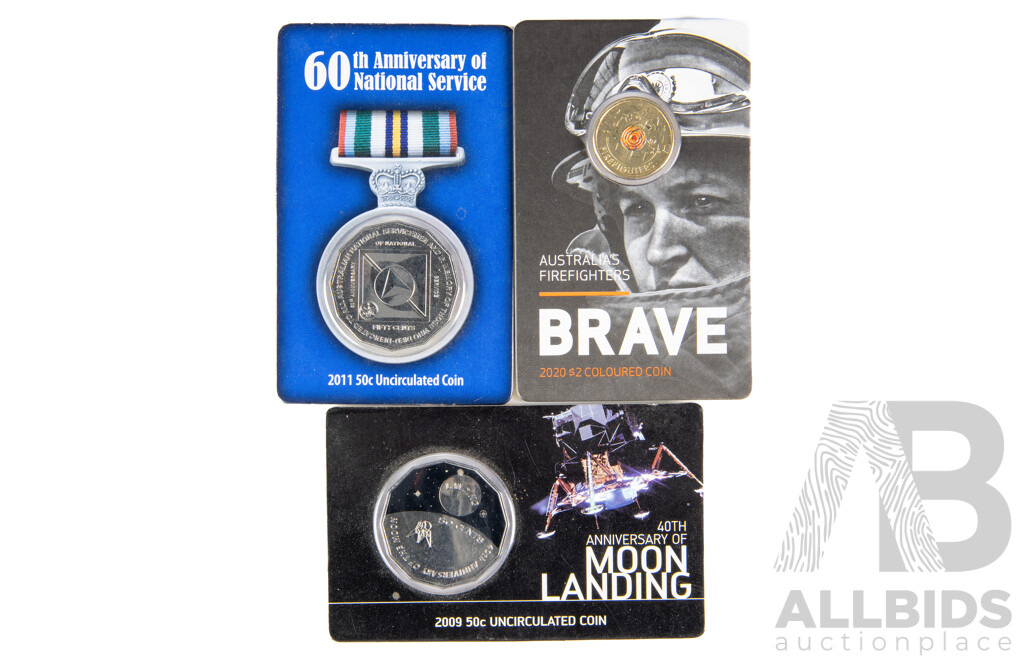 Three Australian RAM Commemorative Coins Including 2009 Moon Landing, 2011 60th Anniversary of National Service, 2020 Australia's Firefighters