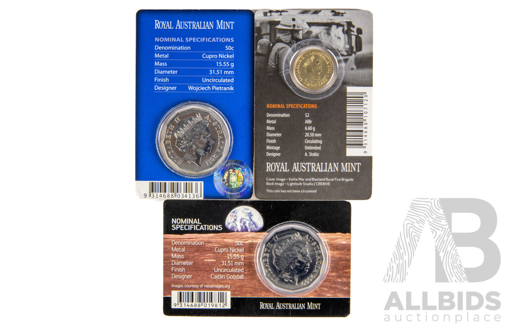 Three Australian RAM Commemorative Coins Including 2009 Moon Landing, 2011 60th Anniversary of National Service, 2020 Australia's Firefighters