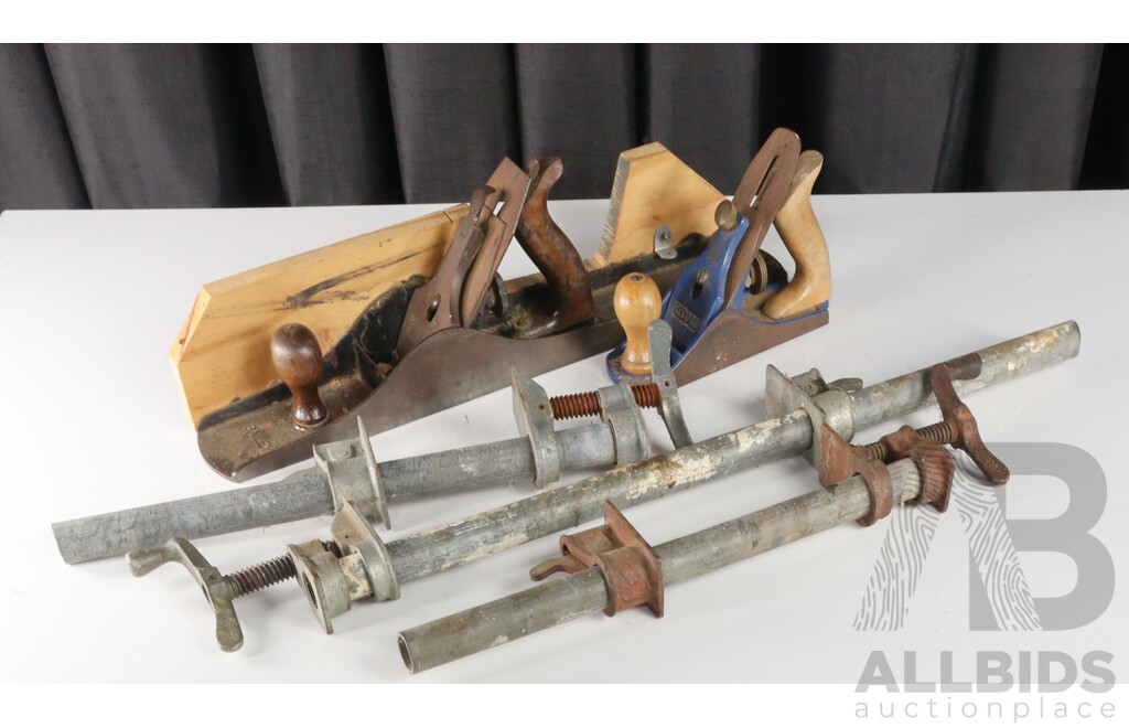 Vintage Stanley Bailey No.8  Smoothing Plane, Record Marples No. 4 Bench Plane with Three Threaded Pipe Clamps