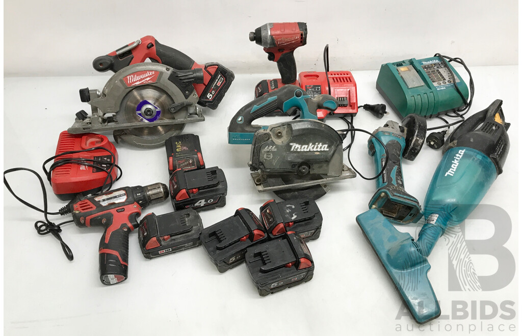 Assorted Milwaukee and Makita Cordless Tools with Batteries