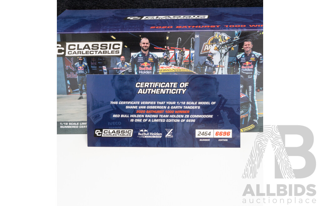 Classic Carlectables Holden ZB Commodore V8 Supercar 2020 Bathurst Winner #97 Shane Van Gisbergen/Ritchie Stanaway RedBull/HRT 1:18 Scale Model Car - COA Included