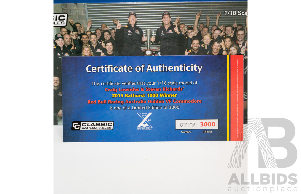 Classic Carlectables Holden VF Commodore V8 Supercar 2015 Bathurst Winner #888 Craig Lownes/Steven Richards Red Bull Racing 1:18 Scale Model Car - COA Included